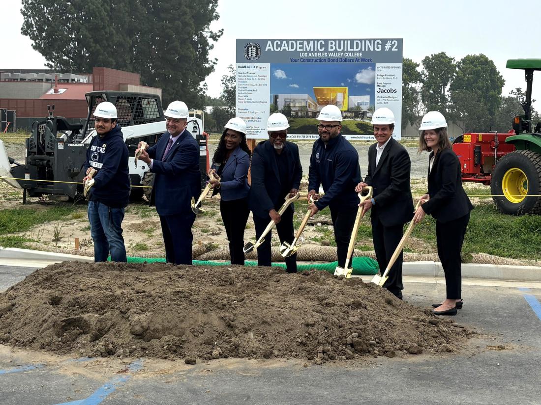 LAVC ASU President Christopher Robles-Garay, LACCD Chancellor Dr. Francisco Rodriguez, LACCD Board of Trustees President Nichelle Henderson, LACCD Vice Chancellor / Chief Facilities Executive Dr. Ruben Smith, LACCD Board Member David Vela, LAVC President Dr. Barry Gribbons, and LAVC Academic Affairs Dean Jennifer Cole ceremonially break ground on Academic Building 2 on April 22, 2024. 