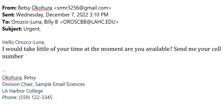 An example of a real phishing email with the subject line as "urgent".