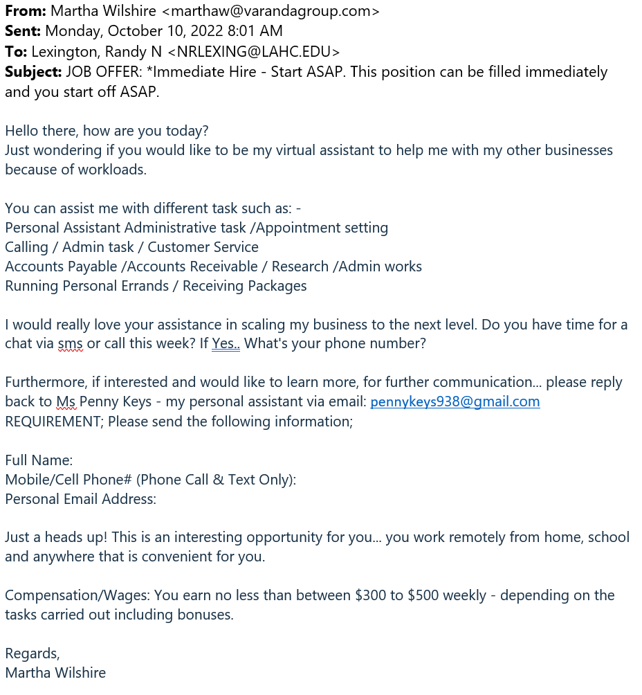 A real example of a phony job offer phishing email. 