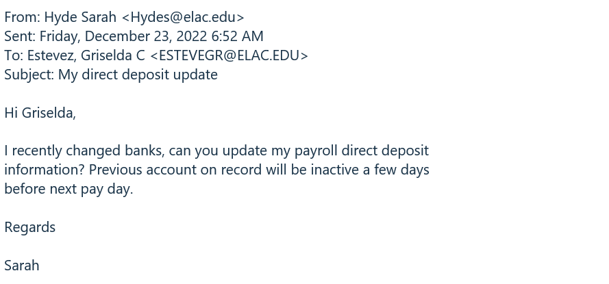 A real example of a payroll fraud phishing email.