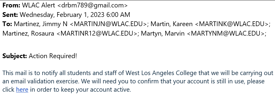 A real example of a phony automated email from West Los Angeles College. 