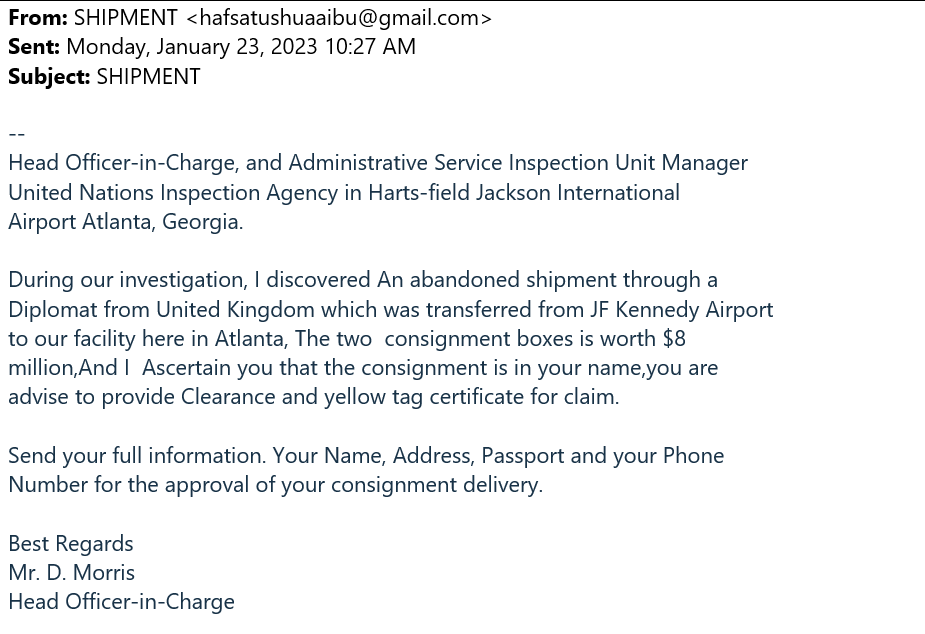 An example of a real phishing email with the subject line as "SHIPMENT", claiming to be a real shipment notification email from the International Airport in Atlanta.