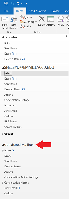 This image is a screenshot of Outlook for Windows desktop displaying the various mailboxes a user has they have access to a shared account.