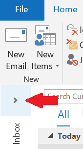 A close-up screenshot of the top left corner of Outlook for Windows Desktop. A big red arrow was edited into the screenshot and is pointing to the gray arrow icon above the "Inbox" tab.