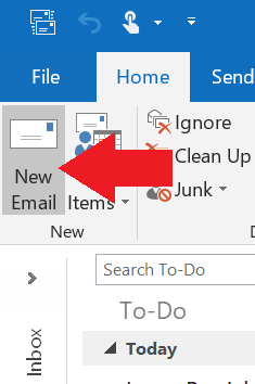 A screenshot of the top left corner of the Outlook app for Windows Desktop with a red arrow pointing at the "New Email" icon.