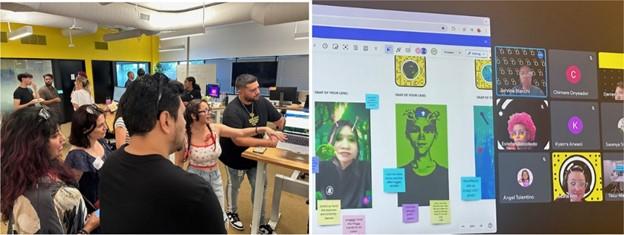 Left: Visual communications students in Snap Lens Academy (SLA). Right: Screenshot of Snapchat workflow.