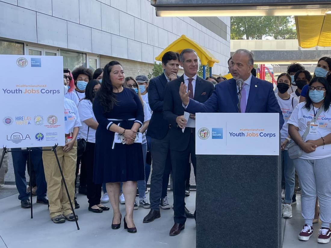 LACCD Chancellor Francisco Rodriguez Speaks at an Event with LA Mayor Eric Garcetti on Youth Programs