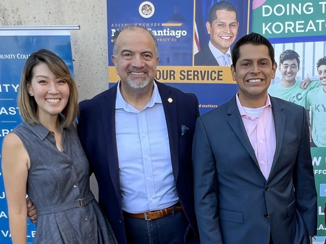 Assemblymember Miguel Santiago with Trustee Kelsey Iino and Chancellor Francisco Rodriguez