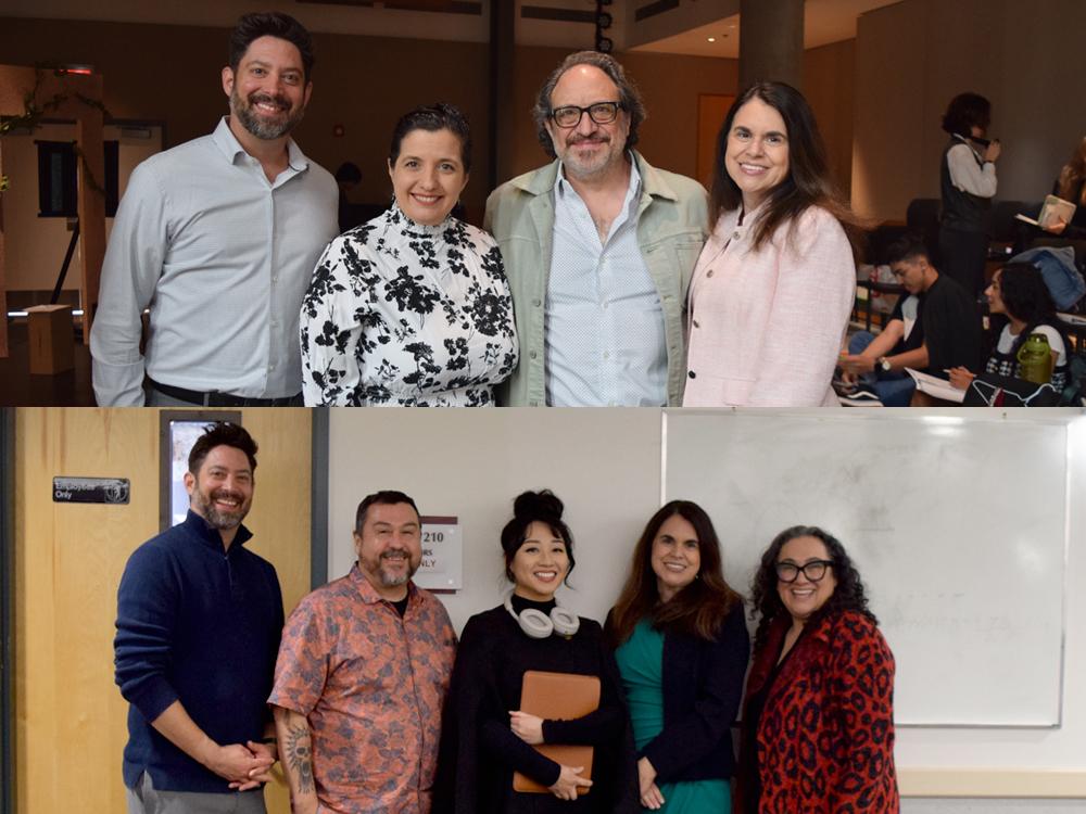 Top photo from left to right: Jacob Skelton, LAMC Academic Senate President Maryanne Galindo, Distinguished Instructor Honoree Bob Cucuzza, and LAMC College President Armida Ornelas. Bottom photo from left to right: Jacob Skelton, Al Ybarra, Distinguished Instructor Honoree Althea Lao, LAMC College President Armida Ornelas, and LAMC Vice President of Academic Affairs Laura Cantu.