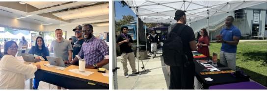 Left: Student Daisy, Vice President of Academic Affairs Dr. Abigail Patton, Vice President of Administrative Services Harry Ziogas, President Dr. Alfred McQuarters, and Vice President of Student Services Dr. Henan Joof; Right: Student Services fair during LATTC’s GoWeek