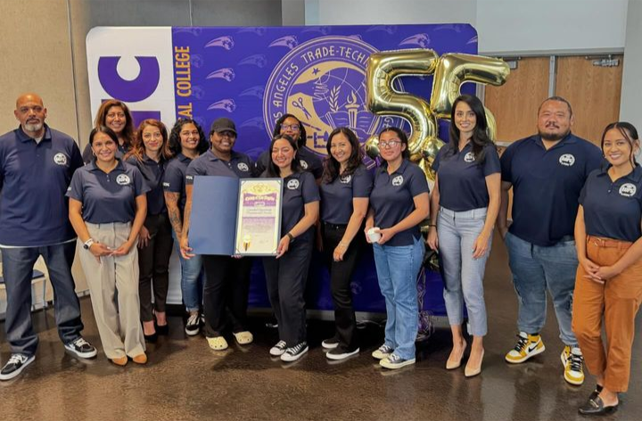 LATTC’s EOPS team pose with a recognition scroll from LA County upon the program’s 55th anniversary