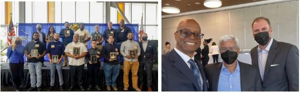 Left: the 2024 Edison lineworker scholarship recipients; Right: Dr. McQuarters with Edison International President and CEO Pedro J. Pizarro and Southern California Edison’s President and CEO, Steven D. Powell