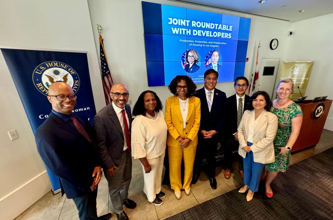 Dr. McQuarters (left) with Congresswoman Kamlager-Dove and Regional Administrator of the U.S. Department of Housing and Urban Development, Region IX Jason Pu (center)