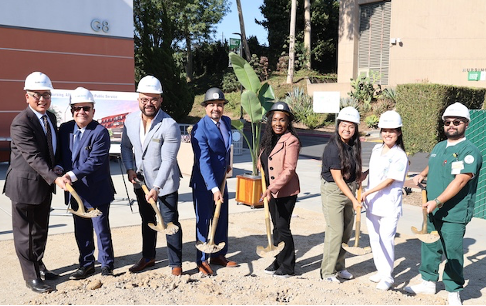 From Left to Right: Interim Vice Chancellor Leigh Sata, Interim ELAC President Monte Perez, LACCD Trustee David Vela, LACCD Interim Chancellor Alberto J. Román, LACCD Board President Nichelle Henderson, ELAC Administration of Justice Student Alexis Hernandez, ELAC Nursing Student Melissa Badillo, & ELAC Respiratory Therapy Student Moises Garcia