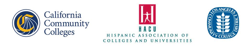 Three logo combination that includes California Community Colleges Chancellor's Office, Hispanic Association of Colleges and Universities, and Los Angeles Community College District  