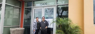 Pacoima resident Lilia Santos (left) – pictured with ESL teacher Pete Torrez – was among the nearly 300 students who have enrolled in classes at Los Angeles Mission College’s new learning facility in Pacoima.