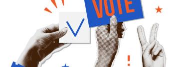 Three hands holding vote signs